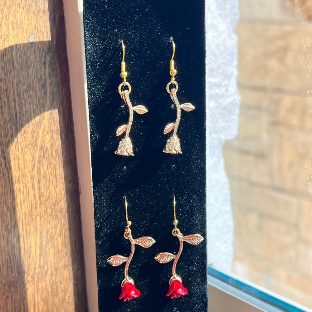 Gold and Red Rose Dangle Earrings - Picture 5 of 5